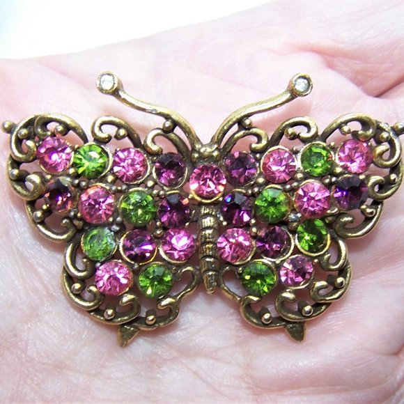 Hollycraft Gold Tone Metal Multi Color Rhinestone Butterfly Pin Brooch - Picture 4 of 6